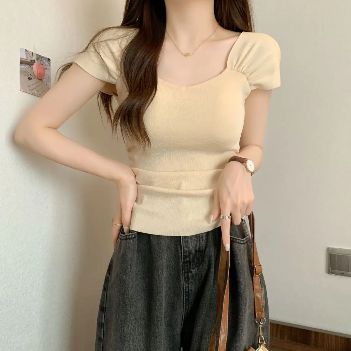 Áo Thun ngắn Tay Cổ Vuông, Phong Cách Pháp, Dành Cho Nữ, Mặc Mùa Hè, Hàng Mới Về, Mỏng Vừa Vặn, Thường Ngày, Áo Dễ Phối Đồ Thiết Kế Độc Đáo, Dễ Thương Và Gợi Cảm