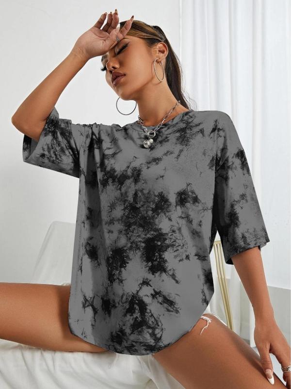 Women's Tie Dye Print Drop Shoulder Sports Tee, Sporty Round Neck Half Sleeve T-Shirt, Ladies Sportswear for Indoor Outdoor Wear 6