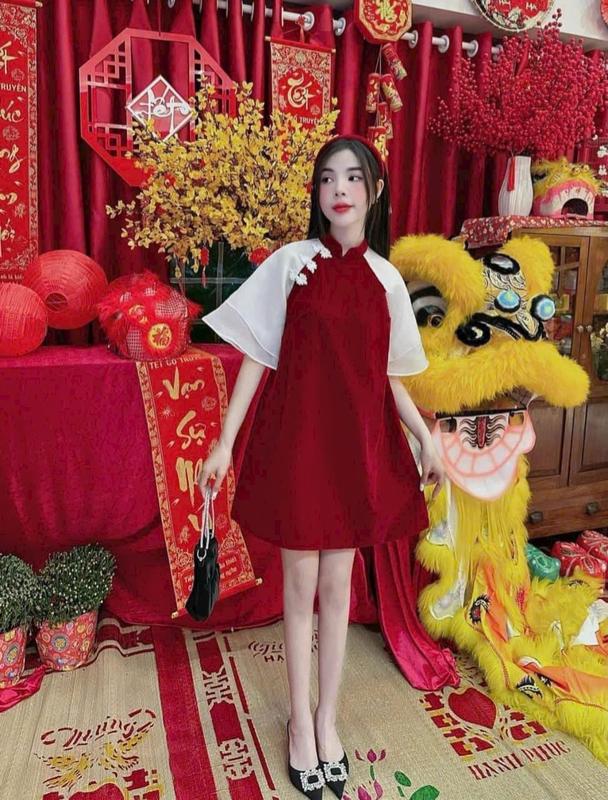 Áo dài cách tân phong cách dress voan đỏ, đầm suông nữ women nhung TRƠN phối tay trắng ,