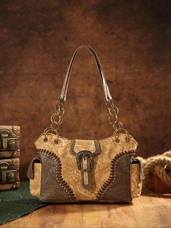 Fashion Vintage Floral Embossed Buckle Decorated Square Bag,  Casual Shoulder Bag for Women, All-match Handbag for Daily Used 4