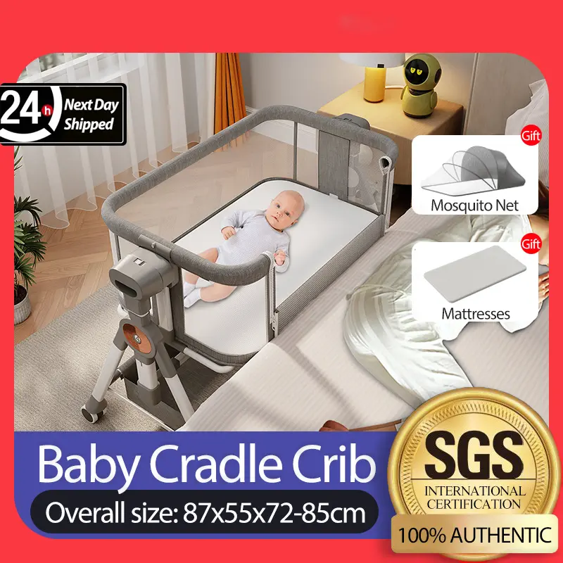 【SG Seller】Baby Cradle Crib With Mosquito Netting And Mattress 6-Grad Height Adjustable For 0-2 Years