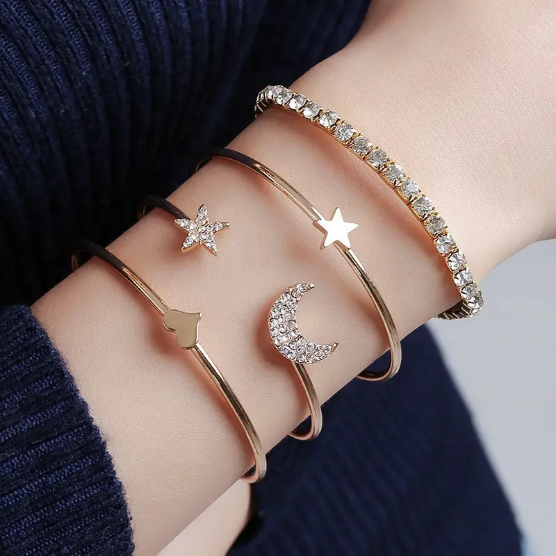 Fine Jewelry Metal Fashion Fashion Simple Set Bracelet Crystal Star Moon Four-Piece Set Open-Ended Bracelet Bracelet Ornament