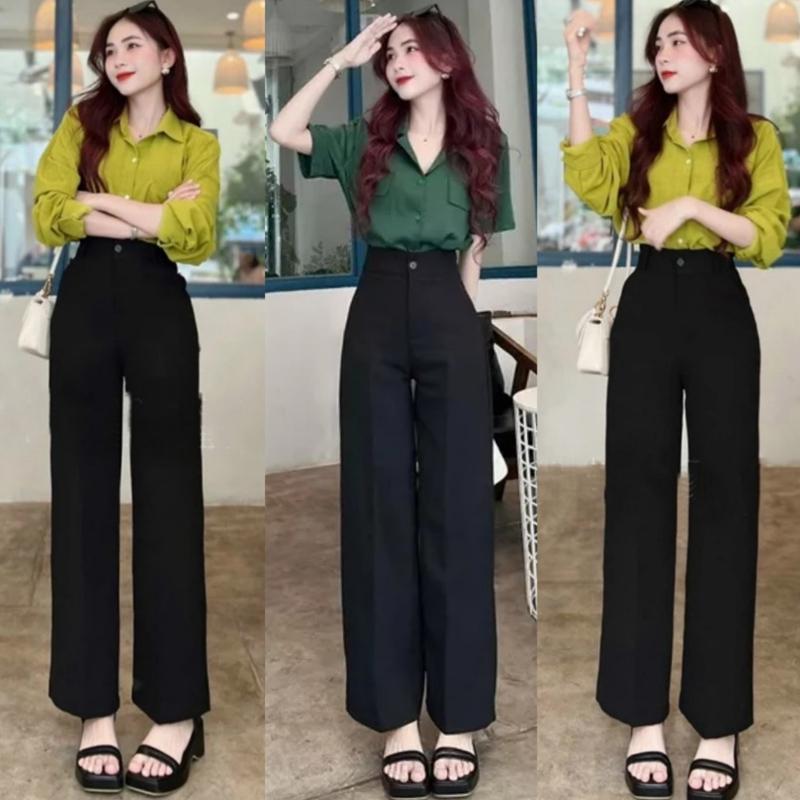 (HOT Đen & Xanh Đen từ 1m50-1m66)Quần ống rộng suông nữ lưng cao 1 nút khóa trước dáng quần tây nữ ống rộng cạp cao màu Đen vải dày dặn