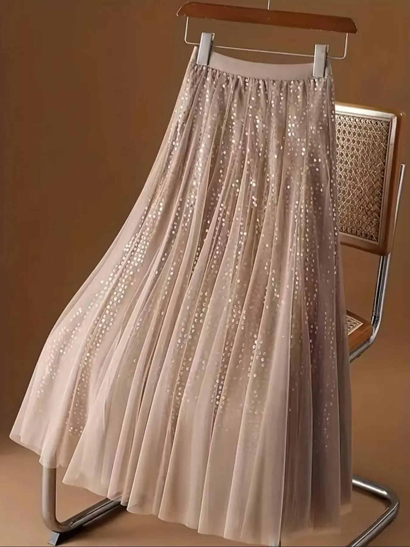 Women's Glitter Sequin Decor Tulle Skirt, Elegant Fashionable Midi Skirt for Party Club Dating, Ladies Bottoms for All Seasons