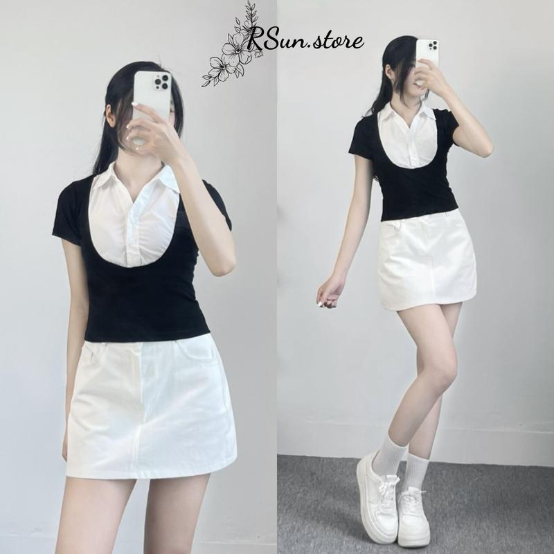Áo thun Croptop cộc tay phối cổ sơ mi chất zip bigsize RSun, Áo cộc tay dáng ôm cổ bẻ 308 có thể giặt máy tối giản chỉ giặt tay 【 trắng 】 giặt bằng nước lạnh ôm dáng thông thường đi lại thanh lịch