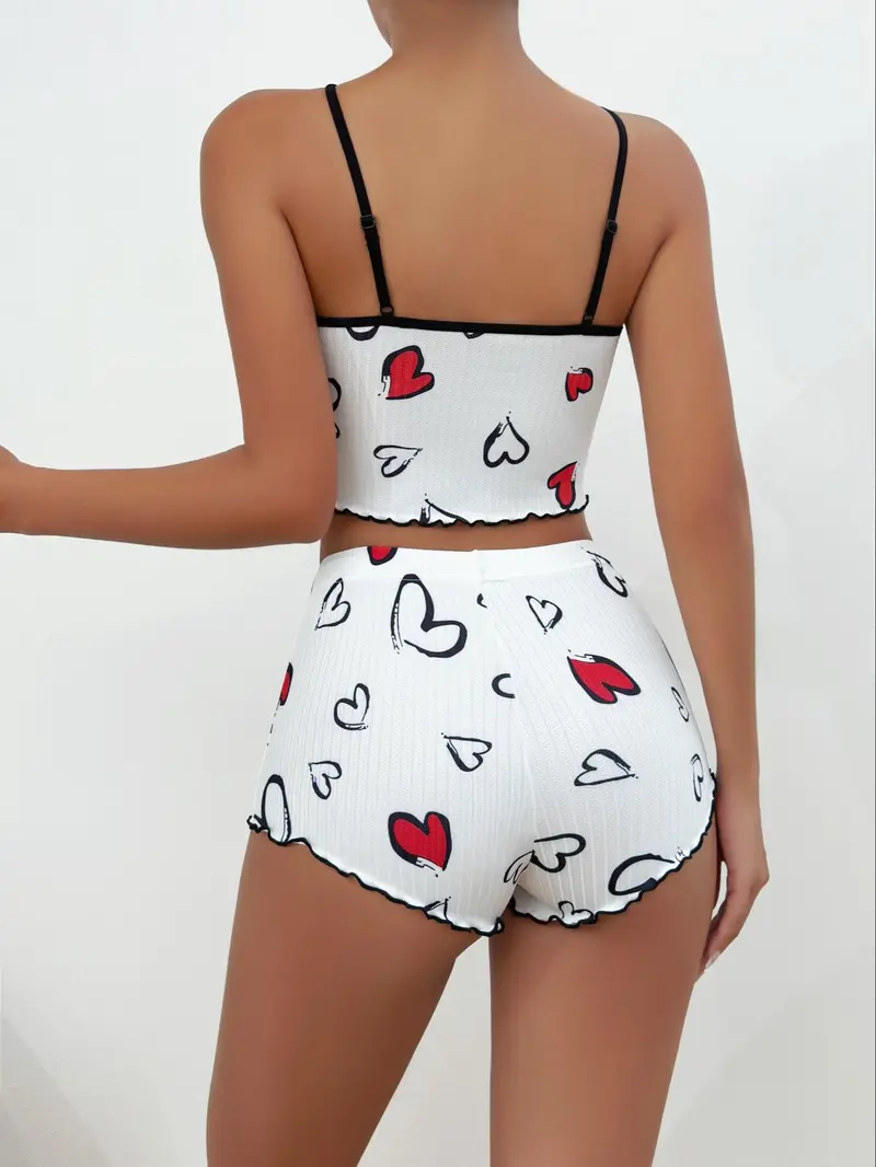 Product Introduction of Christmas Gift Women's Heart Print Lettuce Trim Pajama Set, Casual Comfort Sleeveless Cami Crop Top & Elastic Waist PJ Shorts, Summer Wear 2024, Women's Tighten Pants, Lady Chic Homewear Loungewear Pyjamas Womenswear Lingerie 3