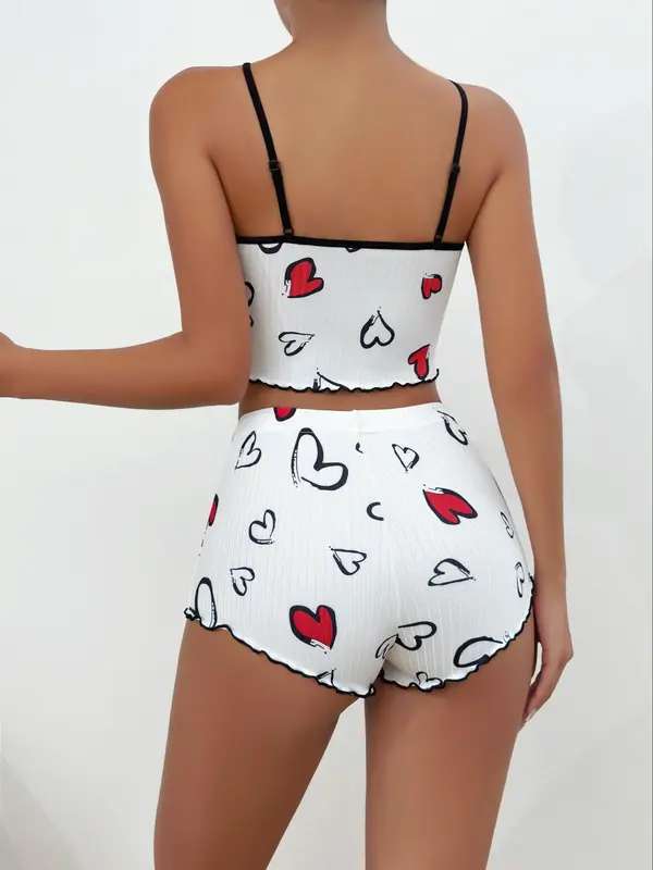 Christmas Gift Women's Heart Print Lettuce Trim Pajama Set, Casual Comfort Sleeveless Cami Crop Top & Elastic Waist PJ Shorts, Summer Wear 2024, Women's Tighten Pants, Lady Chic Homewear Loungewear Pyjamas Womenswear Lingerie 1