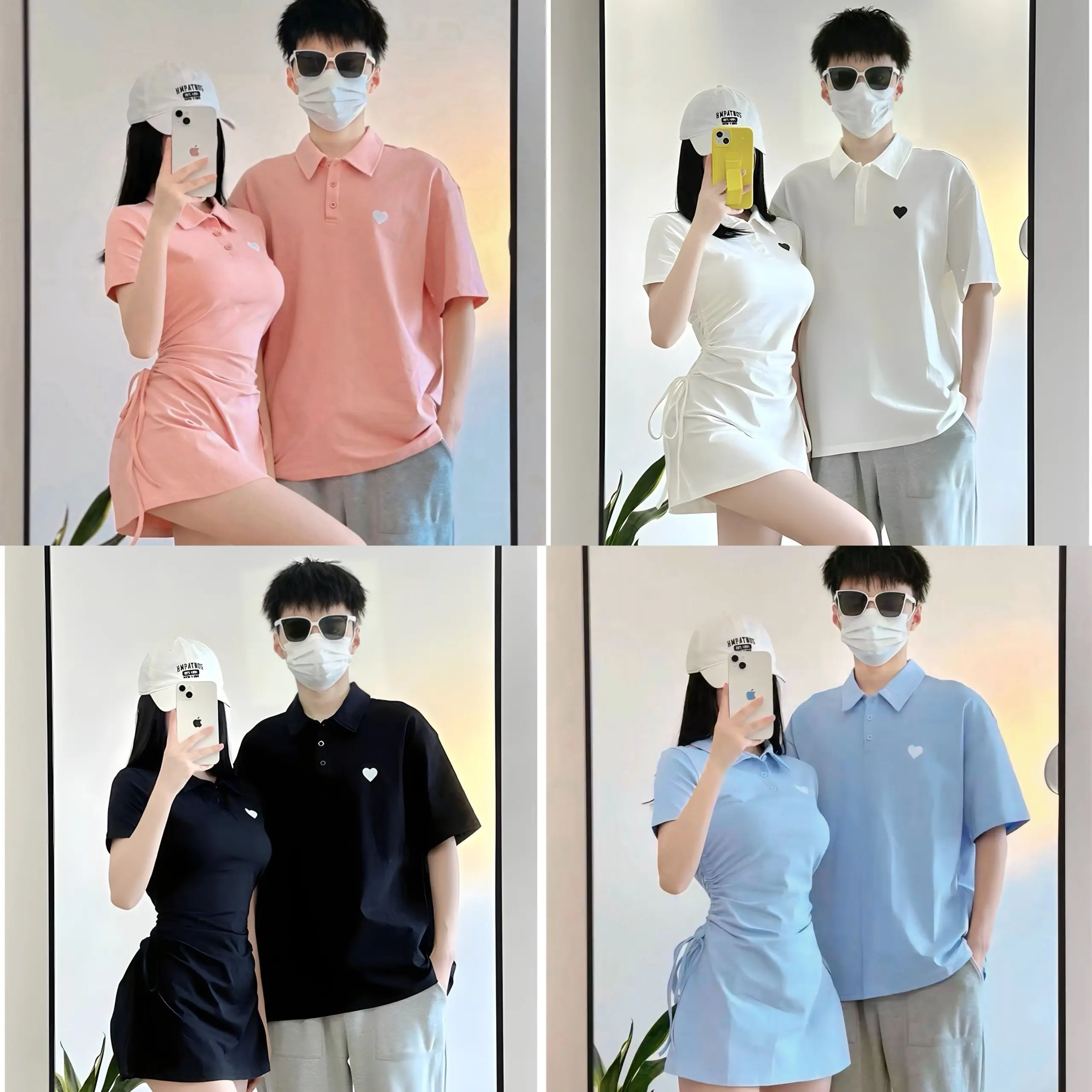 Áo váy thun đôi - 4 màu đen, trắng, xanh dương, hồng sticker logo trái tim Nữ đồ đôi Top