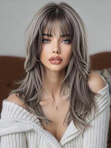 18インチ ロングストレートレイヤーウィッグ 前髪あり 合成フルウィッグ パーティー・普段使い用