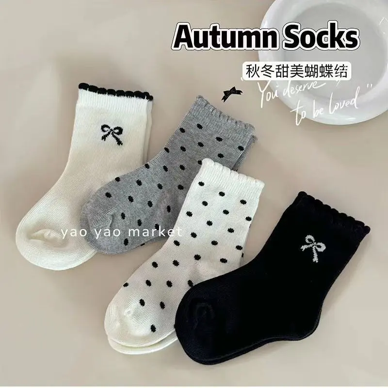 Dopamine Girl 24 Spring and Autumn New Sweet Girl Black White Gray Polka Dot Mid-Calf Length Socks Lace Bow Socks Cotton