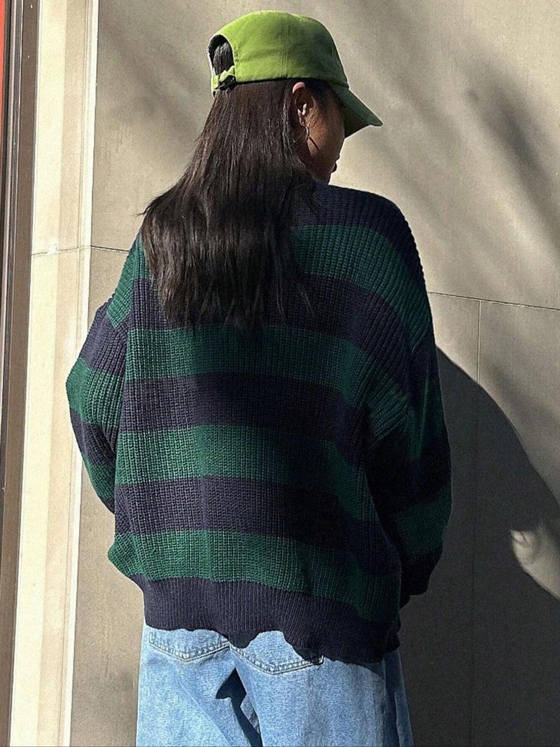 Product Introduction of Women's Colorblock Striped Print Drop Shoulder Sweater, Casual Long Sleeve Round Neck Jumper for Fall & Winter, Fashion Ladies' Knitwear for Daily Wear 6