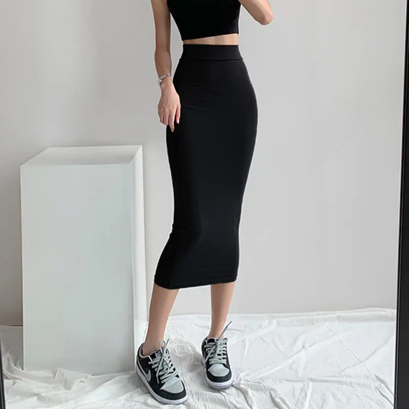 Chân Váy Dệt Kim Mỏng Dài Trung Bình Phong Cách Instagram Châu Âu Và Mỹ Hàng Mới Về Cho Mùa Xuân Và Mùa Hè, Chân Váy Bó Sát Thanh Lịch, Chân Váy Bodycon Co Giãn, Cô Gái Nóng Bỏng Women Khuy Kim Tuyến 2
