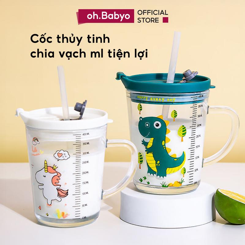 Cốc Thuỷ Tinh Pha Sữa Có Chia Vạch Ống Hút Nắp Đậy Chống Tràn Cho Bé ohBabyo Bình Tập Uống Trẻ Em Voi