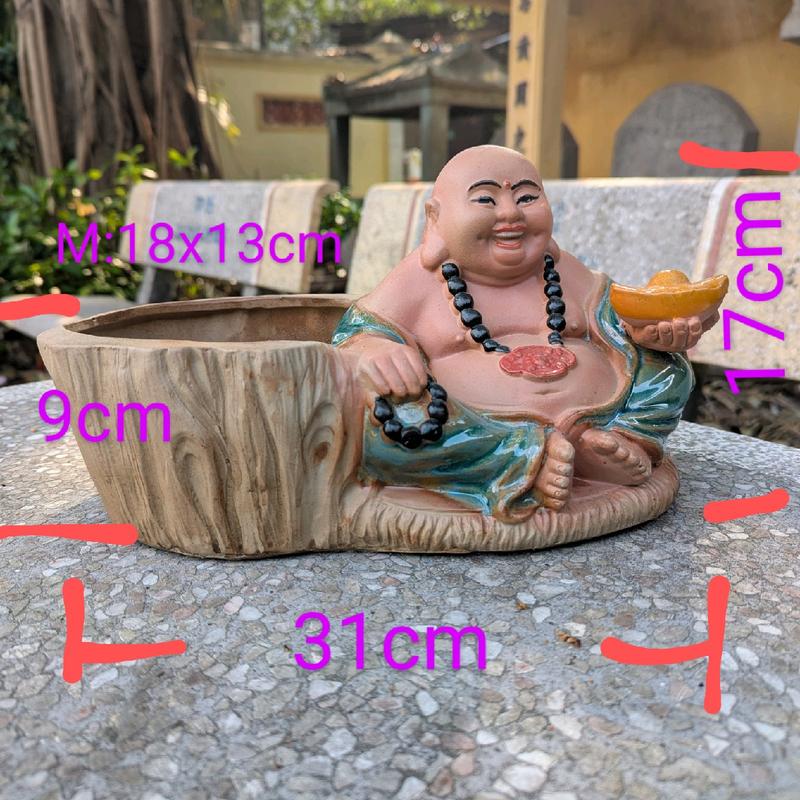  Gốm Bát Tràng chậu tượng phật Di Lặc nâng đĩnh vàng trồng cây bonsai mini cây cảnh để bàn chậu  hoa 