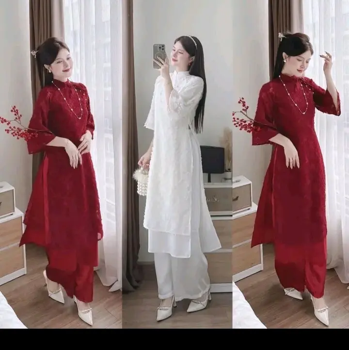Áo Dài Lông Vũ Hoa Nổi - Dài Cổ Tay, Phối Quần Lụa ( có chun) 1