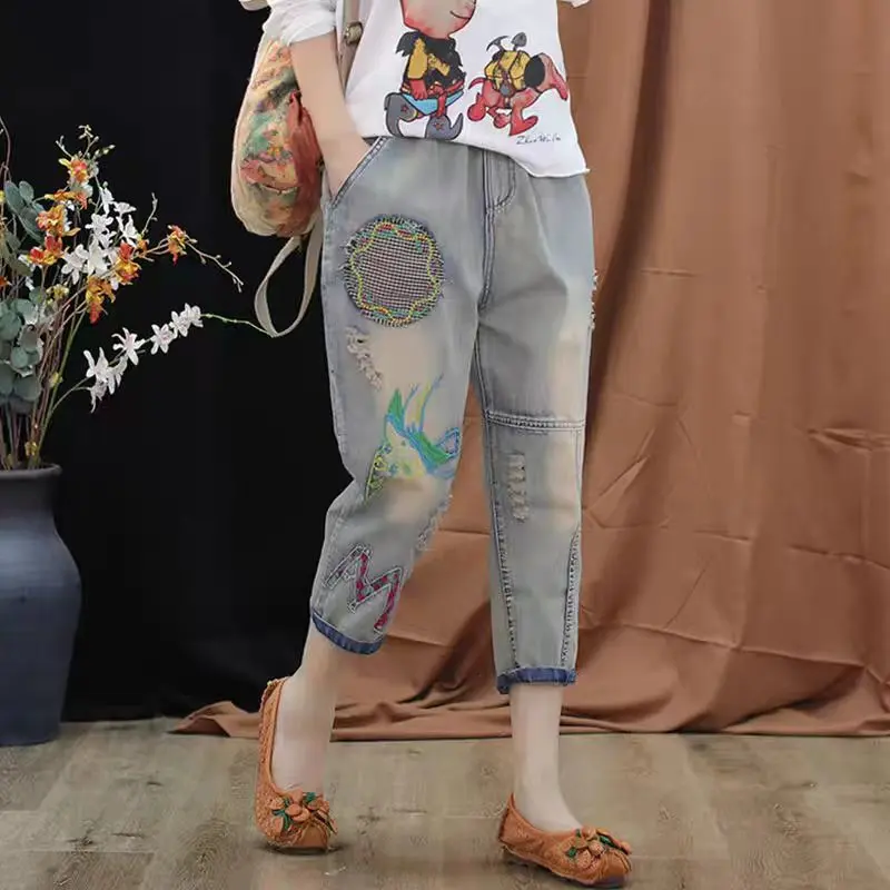 Quần Cropped Xén, Eo Co Giãn Denim, Dành Cho Phụ Nữ, Bộ Sưu Tập Mùa Hè Mới, Dáng Rộng Rãi Và Mỏng Vừa Vặn, Cạp Cao, Thiết Kế Vá, Khối Màu, Dễ Phối Đồ Phong Cách Harem Women Pants 1