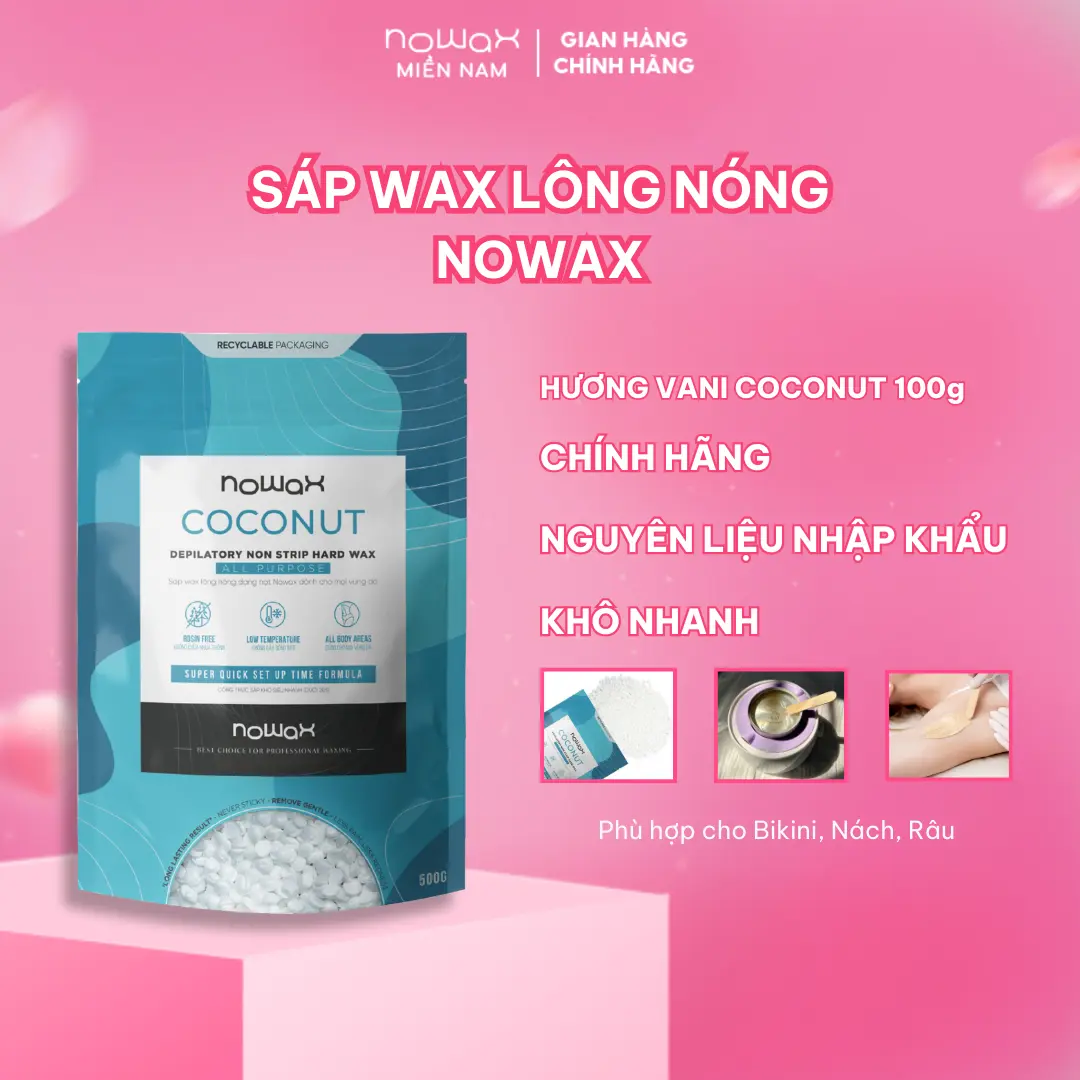 Sáp wax lông nóng NOWAX hương Vani Coconut, dạng hạt, siêu bám lông, không nhựa thông, waxing Bikini, Nách và Râu