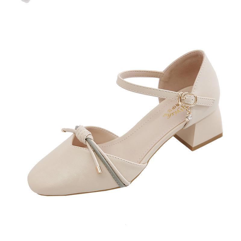 Toe Box Shoes Women's High Heels Mid Heel Summer Chunky Heel Square Toe Hollowed Sandals Buckle All-Match Shallow Mouth Low Heel Shoes 1