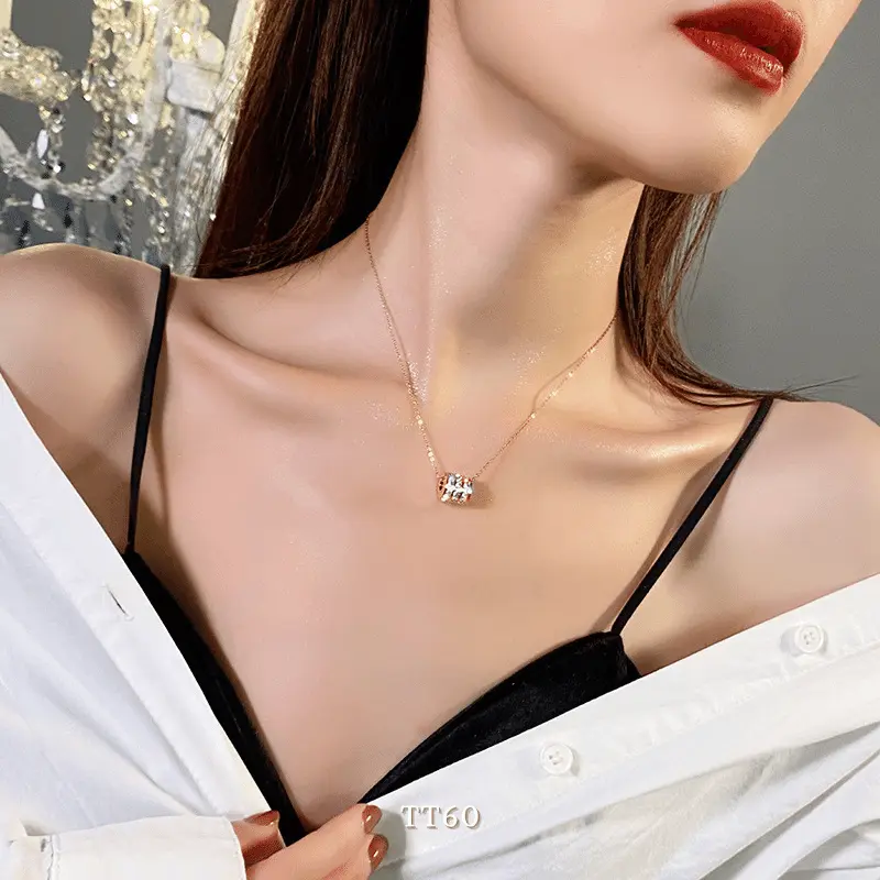 [KHÔNG ĐEN GỈ] Dây chuyền thép Titan mạ vàng hình trụ đính đá cao cấp Trang Sức thời trang sang trọng - Mely TT60 Nữ Women 4