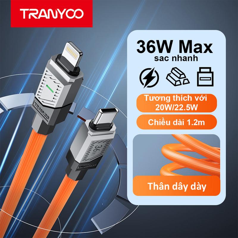Dây sạc nhanh TRANYOO CL-2 PD 36W Nắp dữ liệu kim loại dày 1,2M silicon dày siêu mềm không thắt nút chống bám bẩn và bền miễn phí vận chuyển Sạc Điện Thoại Usb Phụ Kiện có caps a c sieu ben Phone