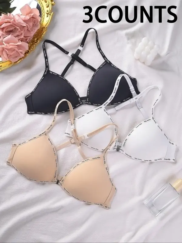 Women's Solid Color Letter Trim Wireless Bra, Breathable Comfortable Cross Back Bra, Soft Supportive Lingerie for Daily Wear, Women's Lingerie for All Seasons 0