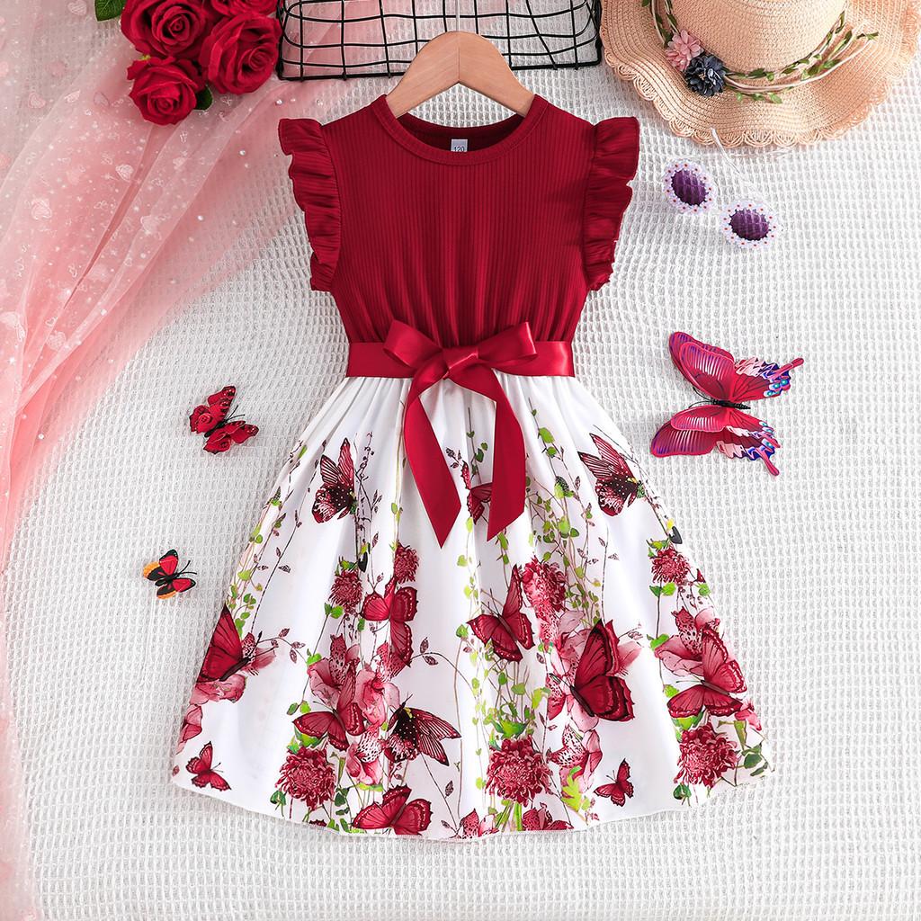 Ready Stock Fast Ship] Kids Girls Dress 5-11 Years Old Butterfly Floral  Print Short Sleeve Burgundy Pink for Christmas Birthday Party School Event  Church Outfit with Detachable Bow Belt - TikTok Shop Singapore