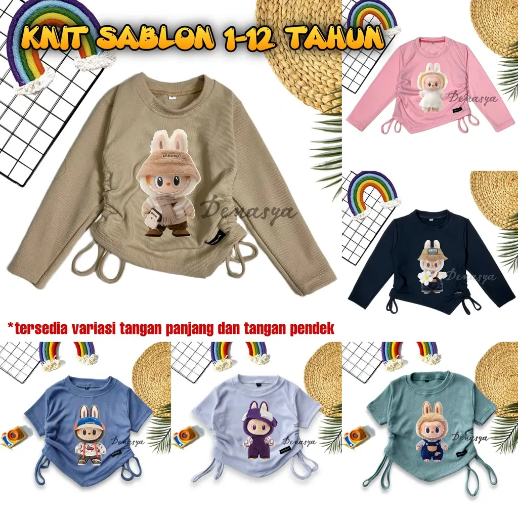 ATASAN KNIT ANAK PEREMPUAN TERBARU / KAOS KNIT SERUT CROP TOP / BAJU RAJUT ANAK 1-12 TAHUN MOTIF SABLON KEKINIAN