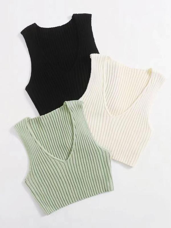 Women's Plain Ribbed V Neck Cropped Sweater Vest, Comfy Clothes for Girls, Casual Sleeveless Crop Knit Top, Summer Outfits 2024, Summer Clothes, Women's Knitwear for Daily Wear 8