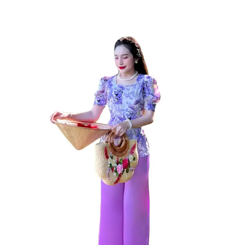 1 SÉT đồ lam .cổ vuông tay búp ngọc. Quần ống xuông .(SANG SANG SÓP) Top Nữ có thể giặt máy nền tảng 【 một mảnh 】 áo xanh lá chỉ giặt tay đen sọc trắng - quây ngẫu nhiên