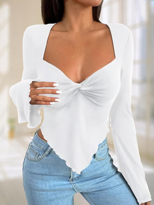 Women's Plain High Low Lettuce Trim Flounce Sleeve Tee, Elegant Solid Sweetheart Neck T-shirt for Daily Vacation Party, T Shirt for Women, Casual Classy Ladies Knit Top for Spring & Fall Valentine's Day, Gift, Tops for Women 3