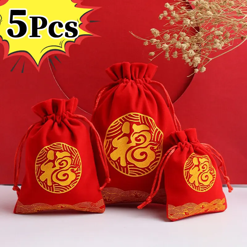 5Pcs Drawstring Red Velvet Fu Bags Chinese Lunar New Year Jewelry Candy Gift Storage Pouch Spring Festival Decoration Pocket