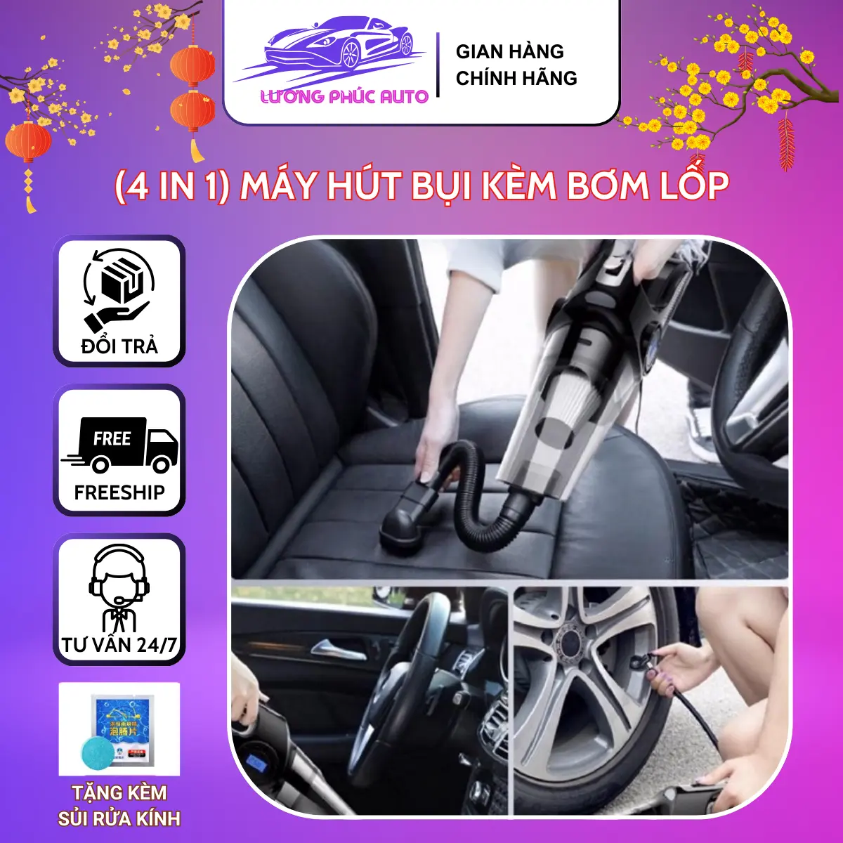 Máy hút bụi , kèm bơm lốp thế hệ mới, siêu khỏe, tích hợp đèn bin và đo áp suất lốp hàng cầm chắc tay cắm điện 12v trên ô tô