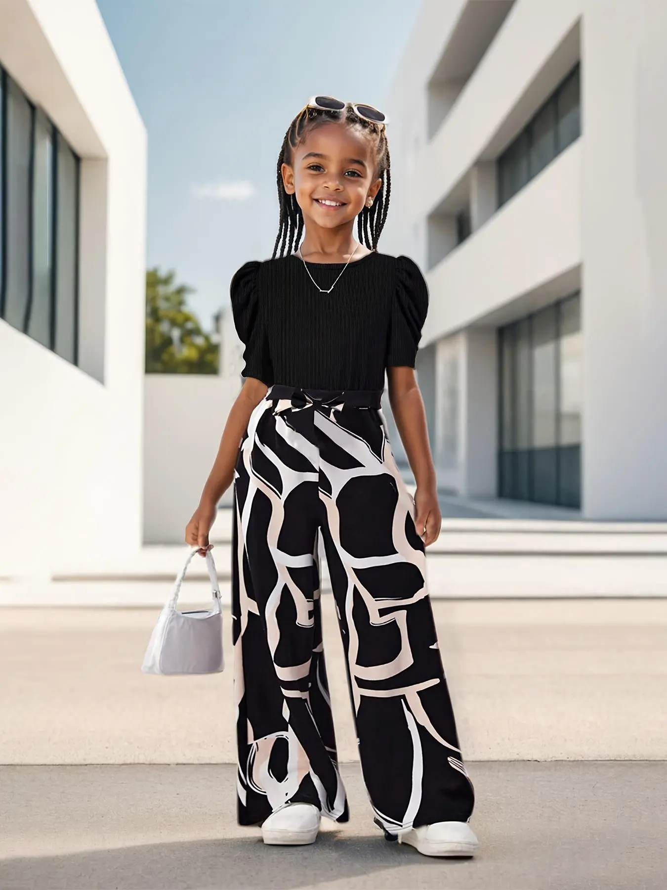 Girl's Solid Color Top & Geometric Print Pants Two-Piece Set, Casual Fashion Cozy Two Piece Outfits for Daily Outdoor Wear, Kids Clothes for Summer, Kids Clothing