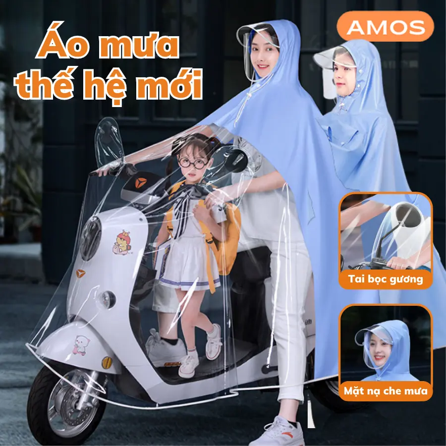 Áo mưa nửa trước trong suốt  AMOS tà rộng cho 2 người lớn, Áo mưa cánh rơi che phủ toàn thân siêu dai, kèm kính chắn mưa