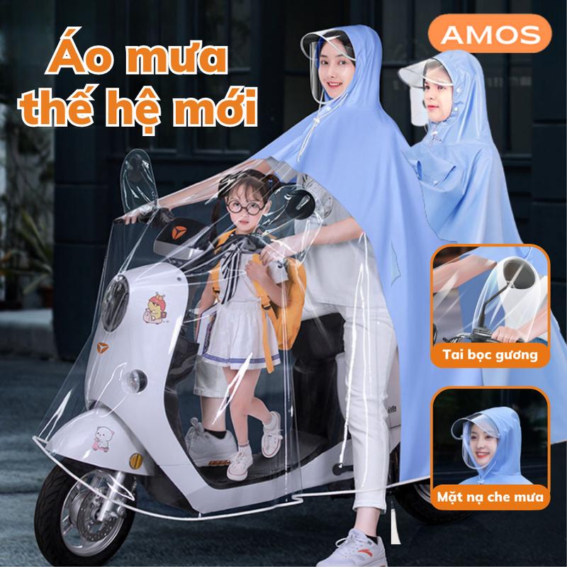 Áo mưa nửa trước trong suốt  AMOS tà rộng cho 2 người lớn, Áo mưa cánh rơi che phủ toàn thân siêu dai, kèm kính chắn mưa 0