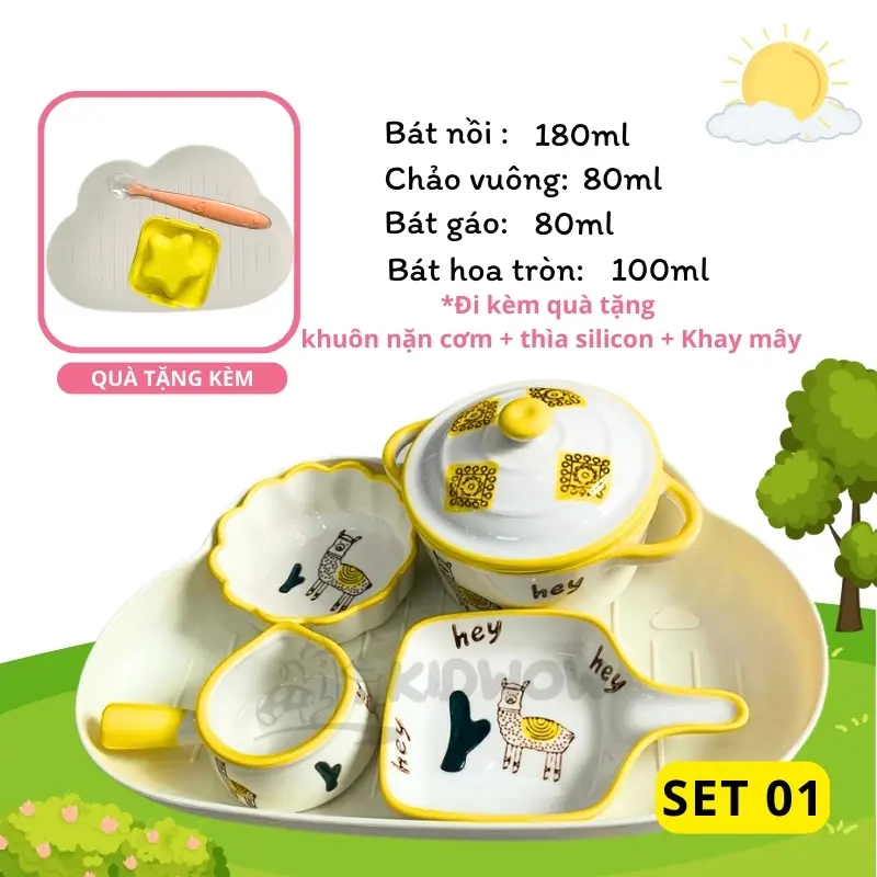 [TẶNG THÌA SILICON+ KHUÔN CƠM+ KHAY MÂY] Bộ Bát Sứ Ăn Dặm Cho Bé Siêu Đáng Yêu 1