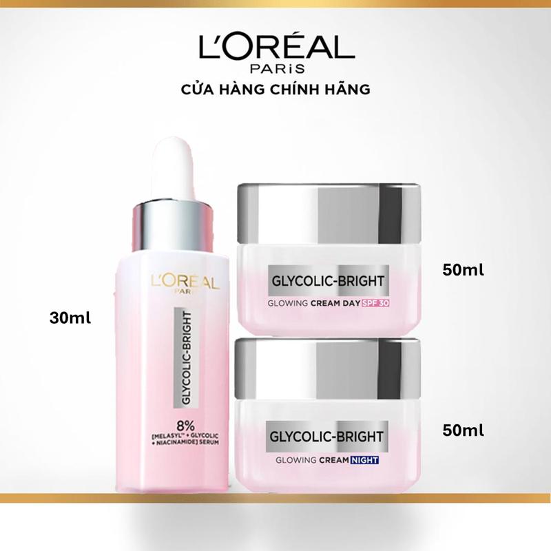 BOM_Bộ serum dưỡng sáng mờ thâm Glycolic Melasyl 8% 30ml, bộ 2 kem dưỡng ban ngày & ban đêm Glycolic Bright L'Oreal Paris 50mlx2