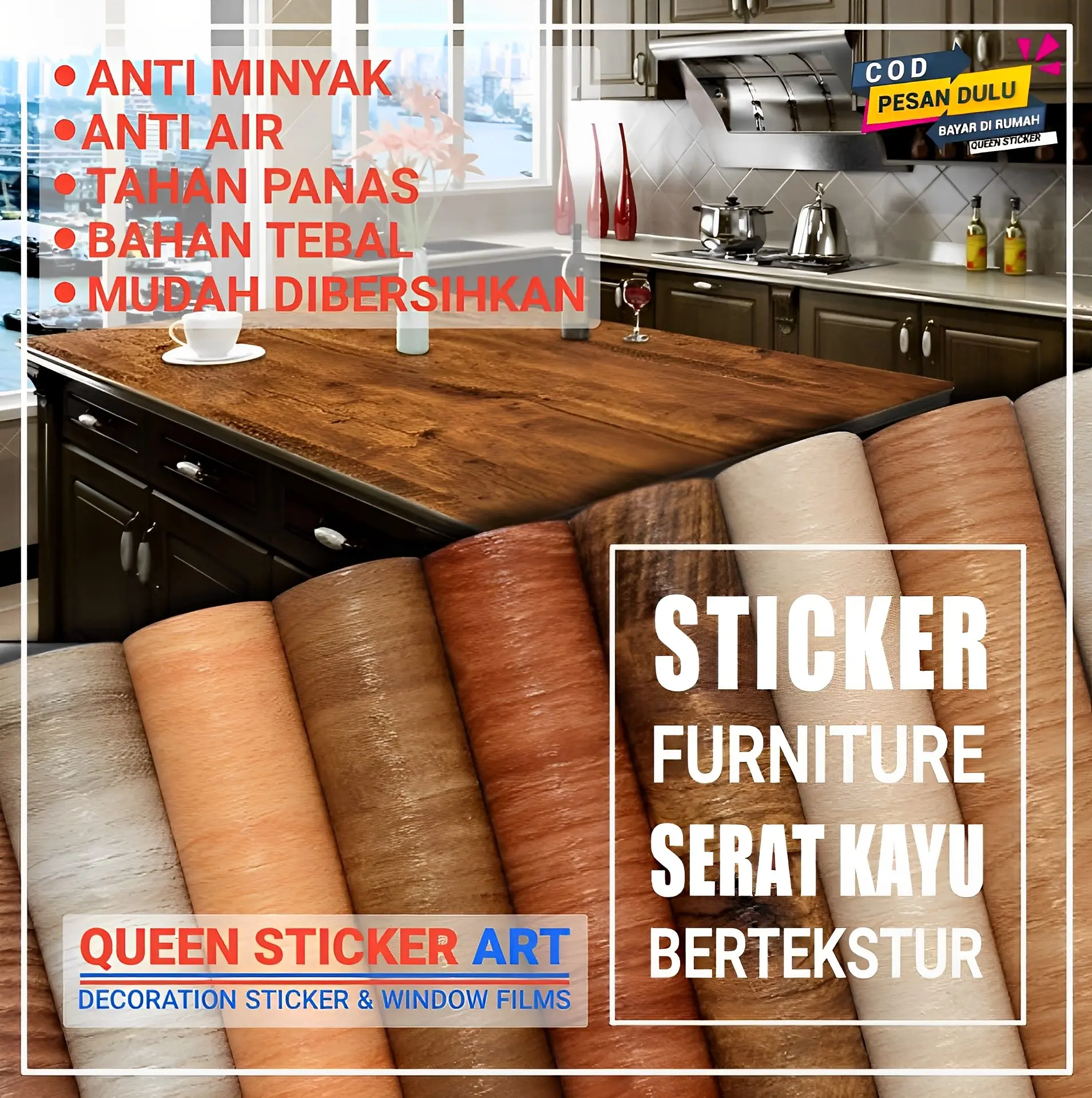 Stiker Motif Serat Kayu Untuk Furniture Meja Lemari Dinding Lantai Dapur Anti Air Minyak Dan Tahan Panas Api / Wall Sticker / Wallpaper / Walpaper Waterproof Meteran