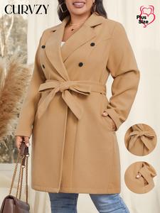 CURVZY Plus Size Solid Double Button Pocket Belted Pea Coat, Casual Long Sleeve Lapel Neck Outerwear for Fall & Winter, Women's Clothes for Daily Wear