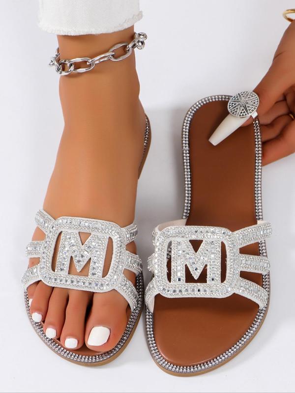 Women's Fashion Rhinestone Decorated Letter Decorated Slip on Flat Sandals, Casual Hollow Out Design Sandals for Summer, All-match Commuter Shoes for Work & Daily Wear 3