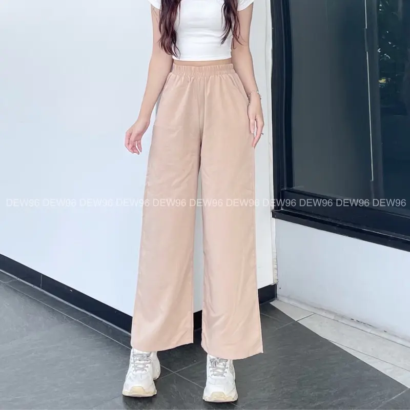 Quần ống rộng nữ chất vải đũi thoáng mát, quần đũi nữ ống suông lưng cao cạp chun có túi