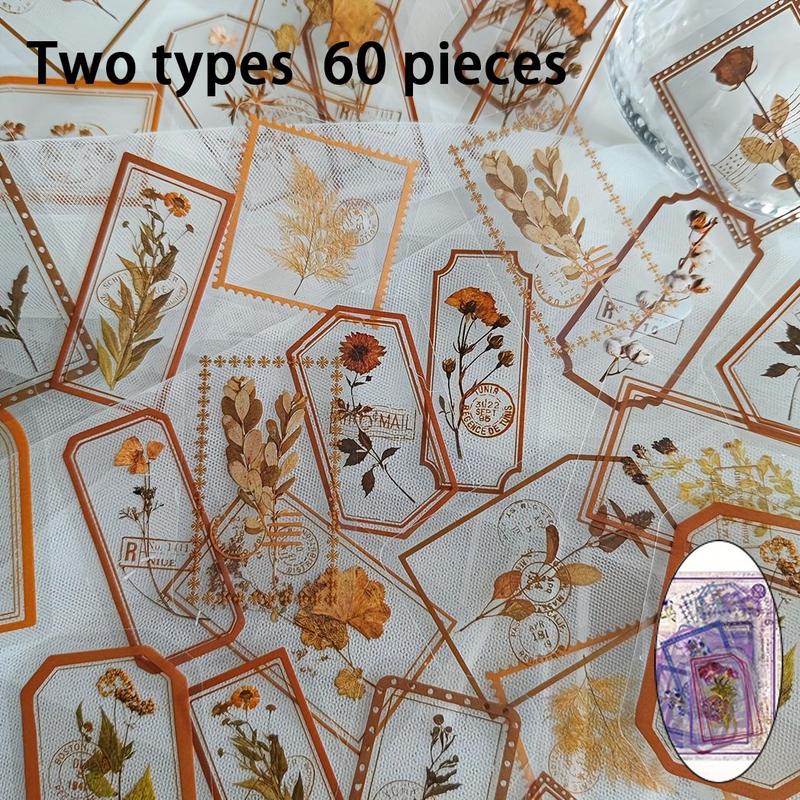 Vintage Floral & Plant Pattern Sticker, 2 Packs(60sheets) Self Adhesive Decorative Stickers, Diy Decals for Water Bottle, Laptop, Phone Case, Scrapbooking, Journal Making, Gift Wrapping 2