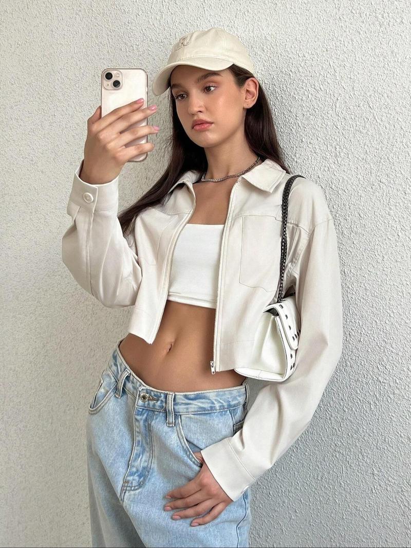 Product Introduction of Women's Solid Drop Shoulder Zip Up Crop Jacket, Casual Long Sleeve Collared Pocket Outerwear for Spring & Fall, Ladies Clothes for Daily Wear 7