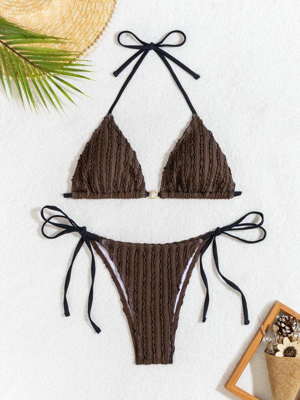 Two-Piece Set Women's Textured Triangle Bra & Knotted Swim Bottom Bikinis Set, Casual Halter Neck Backless Swim Top & Tie Side Swim Bottom Two-piece Swimsuit For Summer, Fashion Women's Swimwear For Beach Holiday Vacation 3