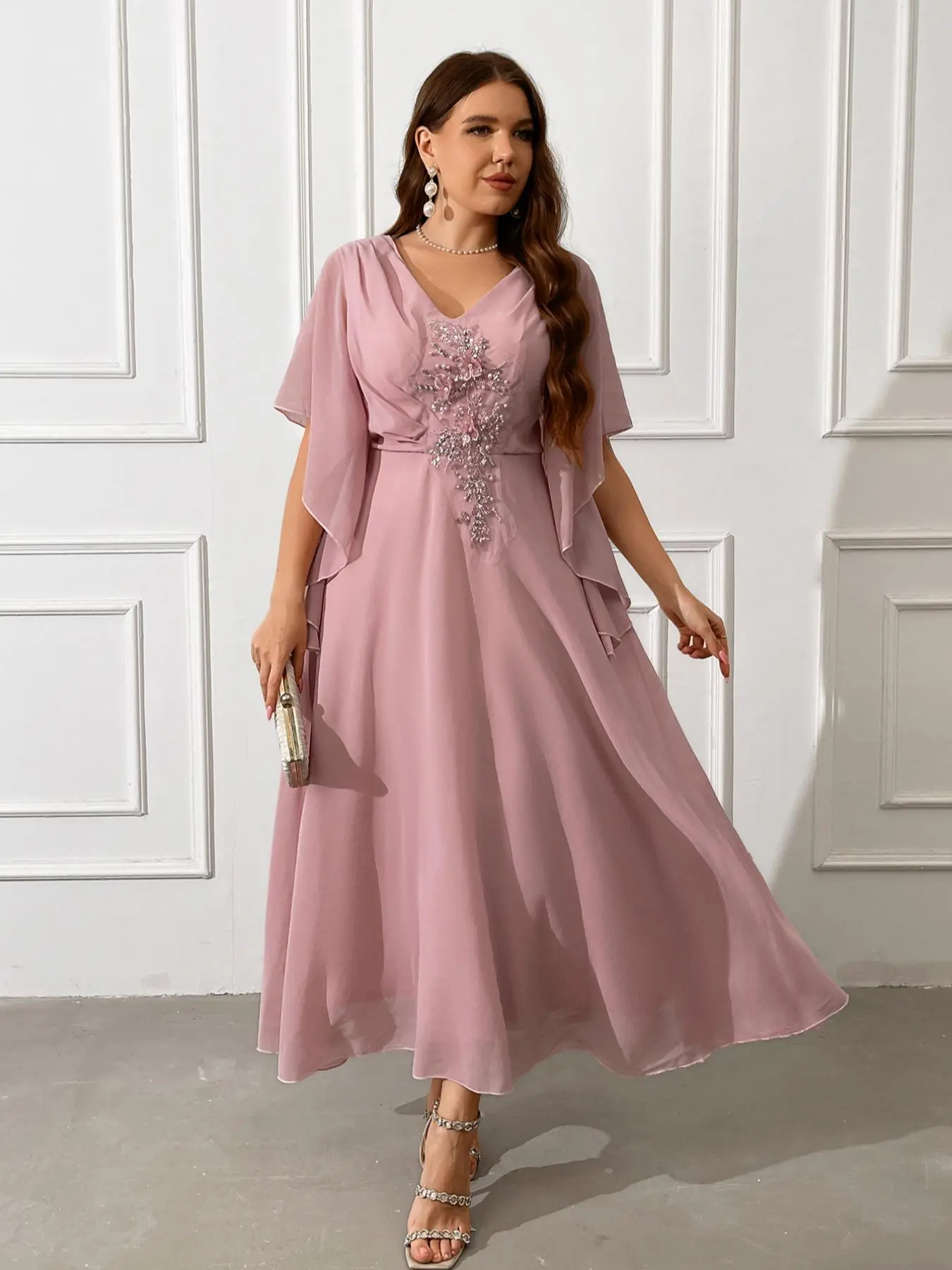 【Plus Size】 Appliques Beaded Decor V Neck Chiffon Dress, Elegant Butterfly Sleeve A Line Dress for Party Wedding Guest, Women's Clothes for All Seasons