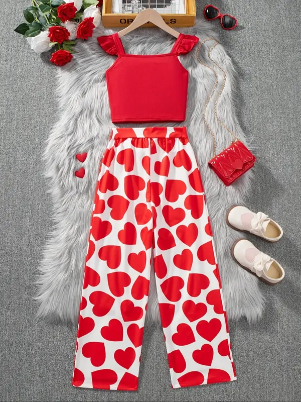 Girl's Plain Crop Tank Top & Heart Print Belted Wide Leg Pants Two-piece Set, Elegant Fashion Casual Two Piece for Daily Outdoor Wear, Kids Clothes for Summer 1