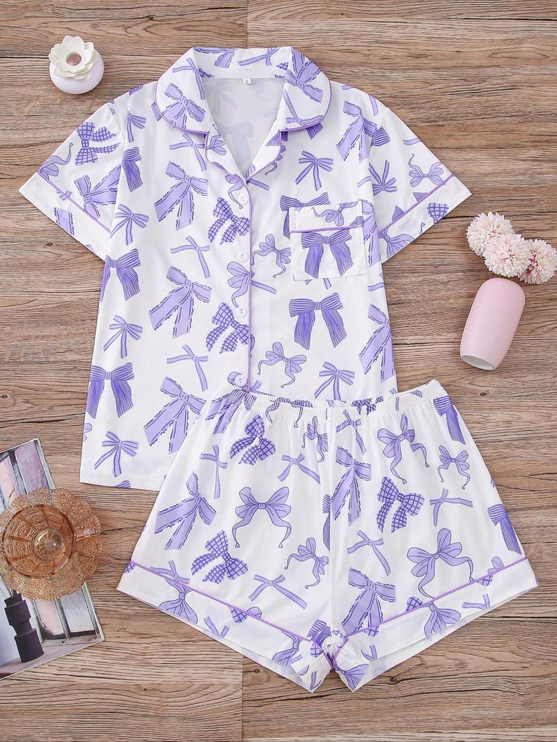 Product Introduction of Two-piece Set Women's All Over Bow Print Pocket Button Front Shirt & Bow Decor Shorts Pyjama, Casual Comfy Short Sleeve Lapel Top & Elastic Waist Shorts Pj Set, Ladies Summer Sleepwear, Summer Friday Set, Sleep Sets, Pajamas 8