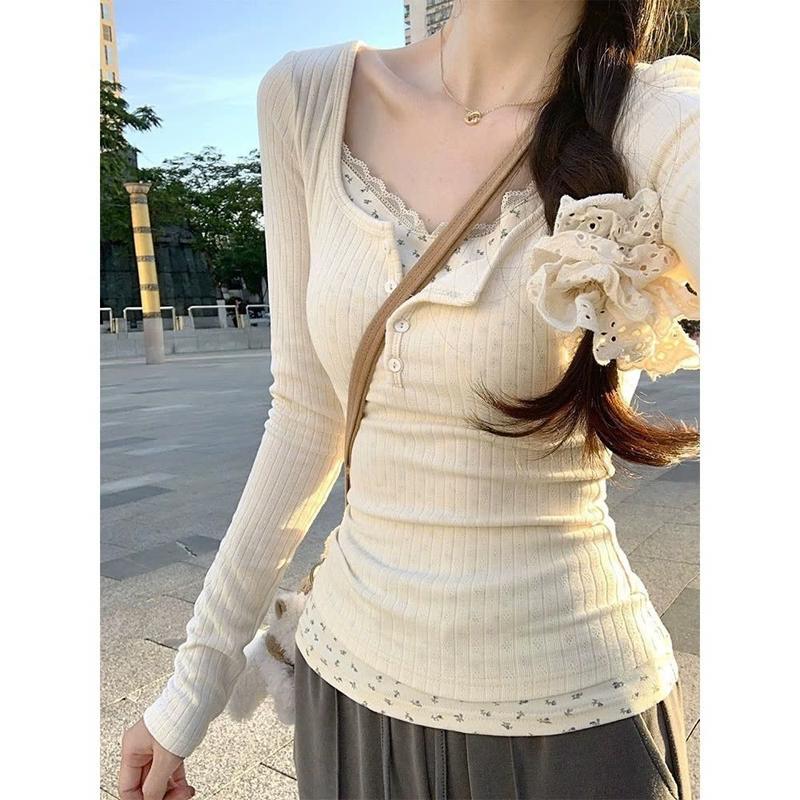 Áo thun dài tay giả hai dây phối ren hoa dành cho nữ, ôm dáng, nhiều màu mã 03 Women Sơ Mi brandy coquette thu đông len mỏng Top Cotton