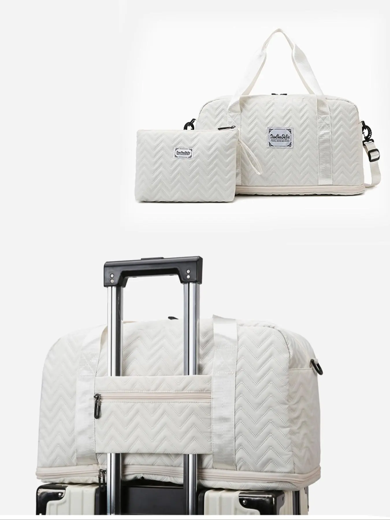 Wave Embossed Letter Label Decoration Large Capacity Travel Bag & Makeup Bag Set, 2025 Travel Essential with Shoe Compartment, Fitness Bag for Suitcase Luggage