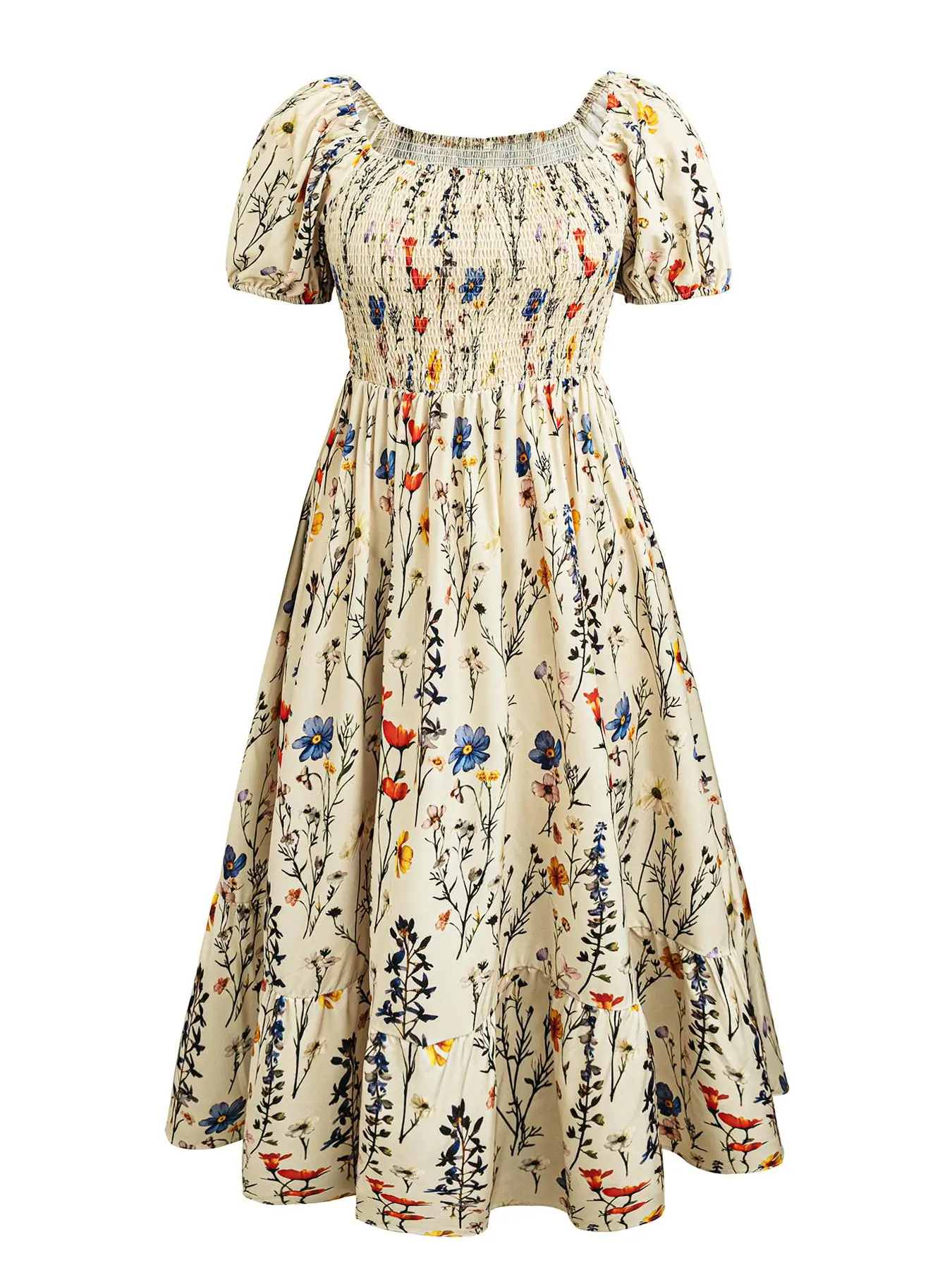 【Plus Size】 Floral Print Square Neck Dress, Boho Casual Short Sleeve Dress for Daily Holiday Vacation Wear, Women Plus Clothing for Summer
